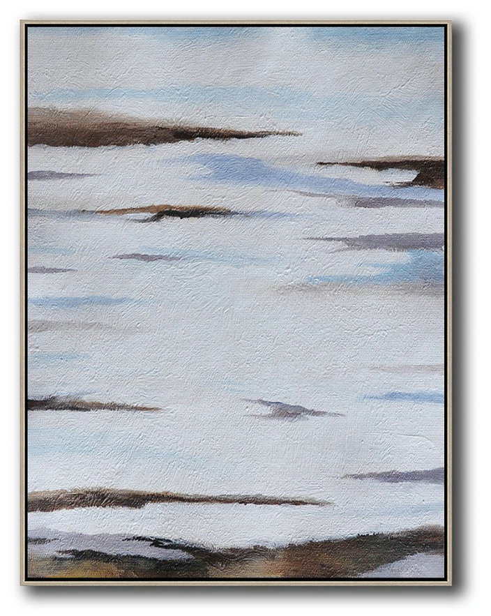 Oversized Abstract Landscape Painting,Contemporary Art Wall Decor,Blue,White,Brown,Grey